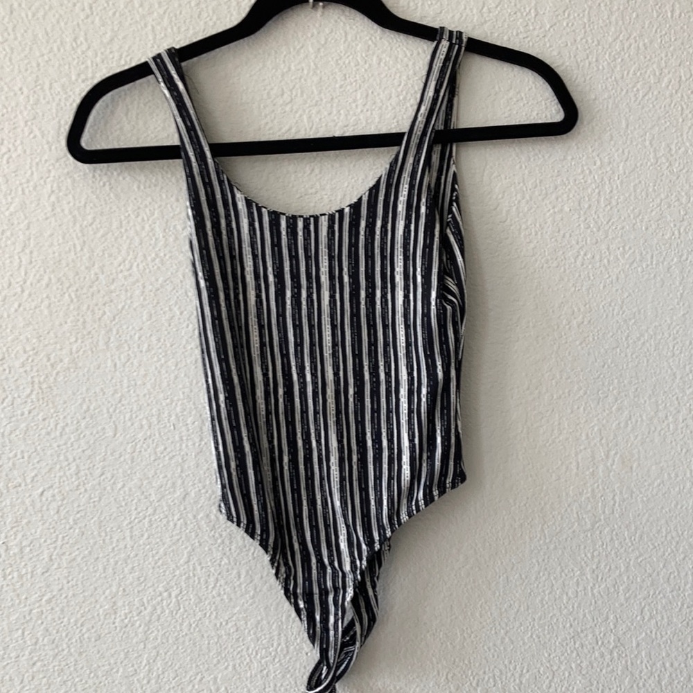 Rosette - Black and White Striped Thong Bodysuit - Size Small